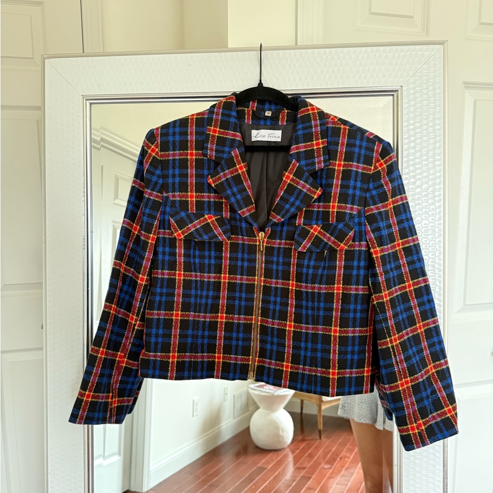 Red & Blue Plaid Cropped Blazer